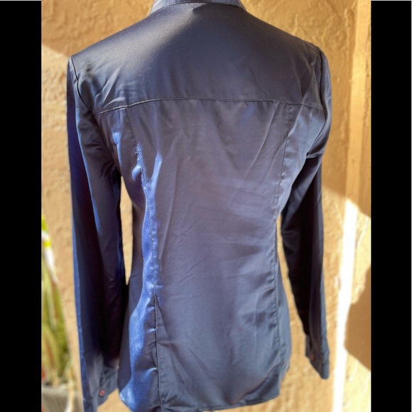 WOMAN BLUE BLOUSE LONG SLEEVES RUFFLED NECKLINE HIGH NECK BUTTONS SIZE M - Picture 8 of 16